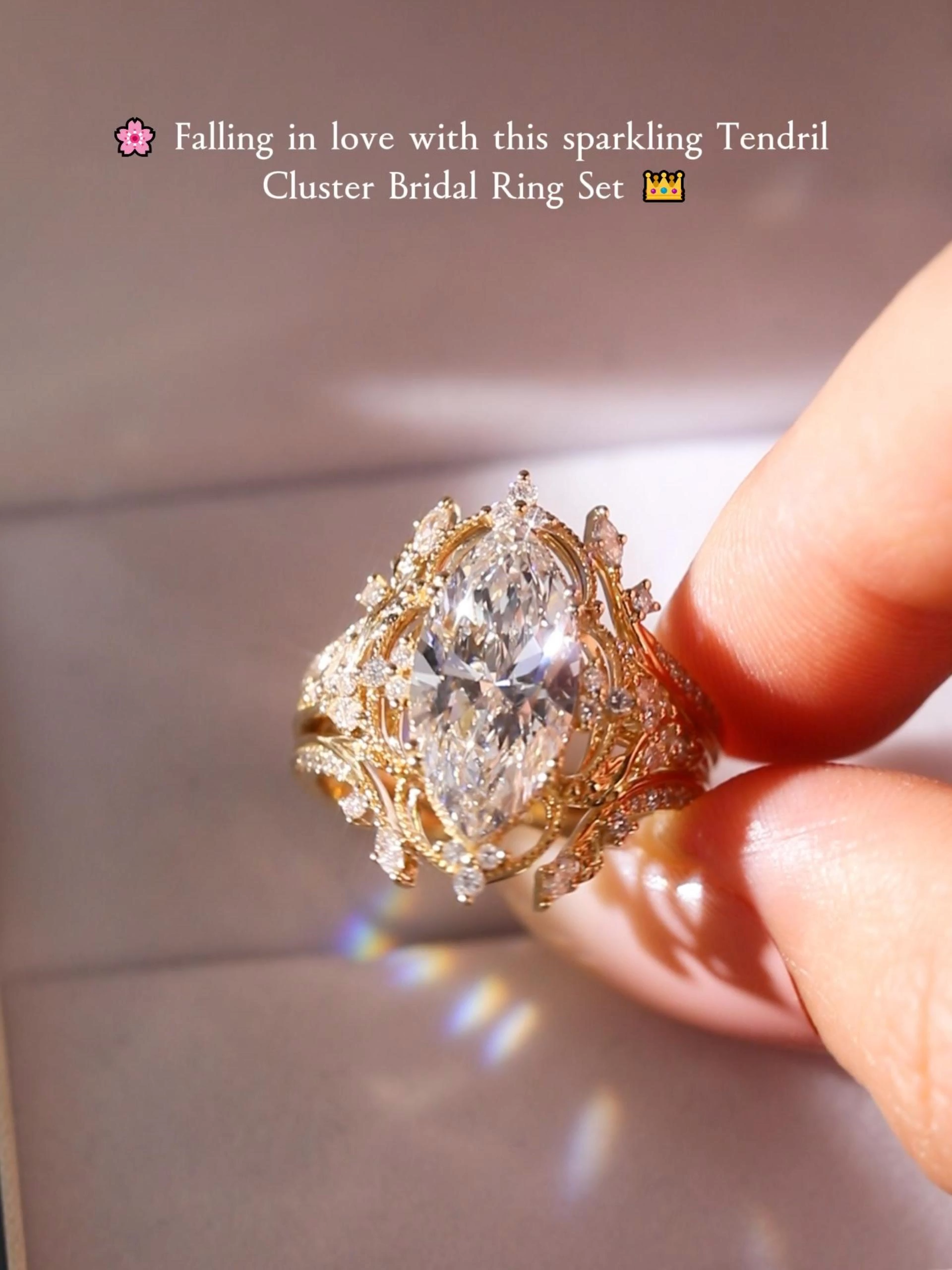 4ct Marquise Cut Lab Grown Diamond Tendril Cluster Bridal Ring Set in Yellow Gold