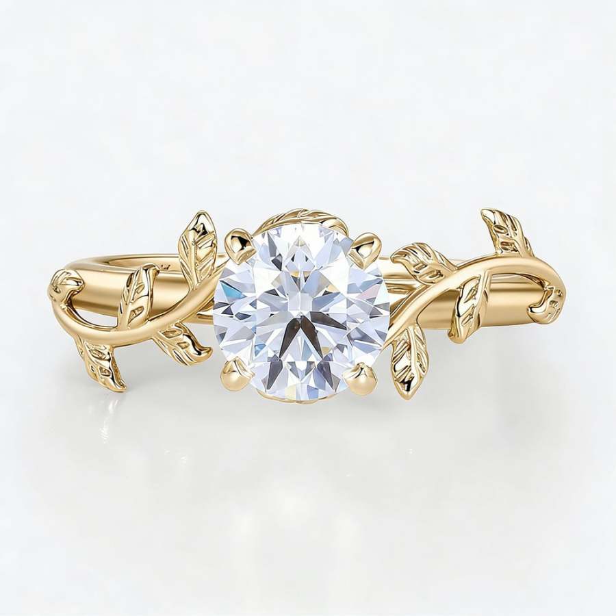 Round lab-grown diamond sculpted leaf solitaire engagement ring in yellow gold