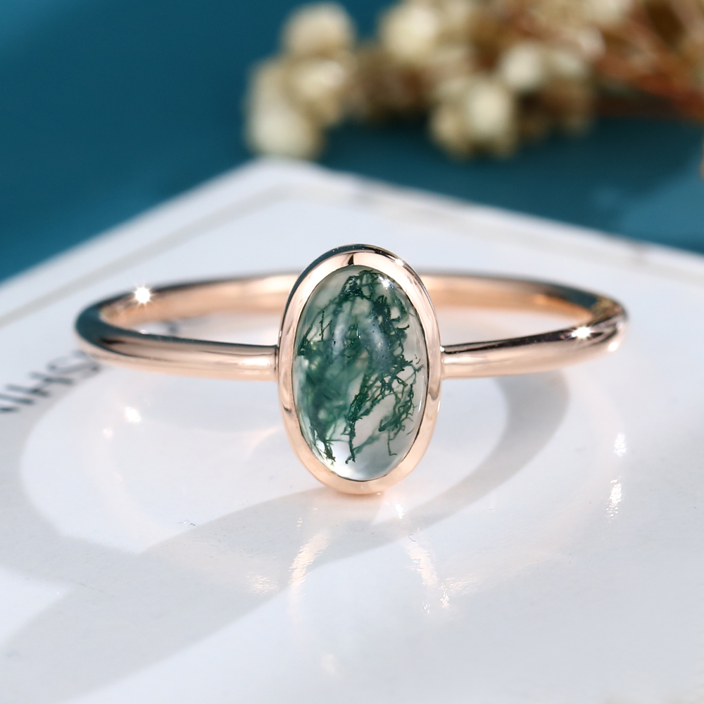 LisaJewelryUS Oval Cut Moss Agate Rose Gold Engagement Ring
