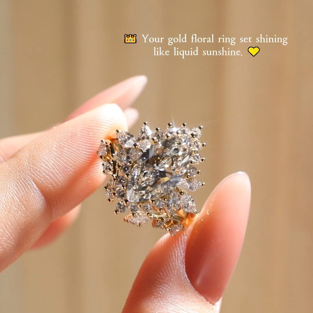 3ct Marquise Cut Lab Grown Diamond Floral Halo Bridal Ring Set in Yellow Gold