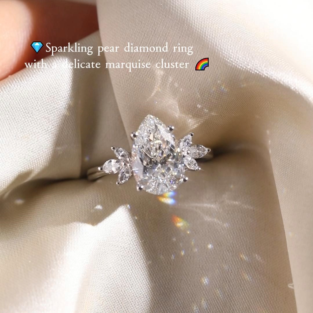 3ct Pear Cut Lab Grown Diamond Marquise Cluster Engagement Ring in White Gold