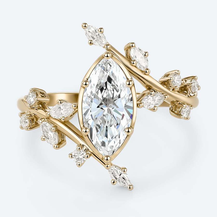 Marquise lab-grown diamond leaf bypass engagement ring in yellow gold