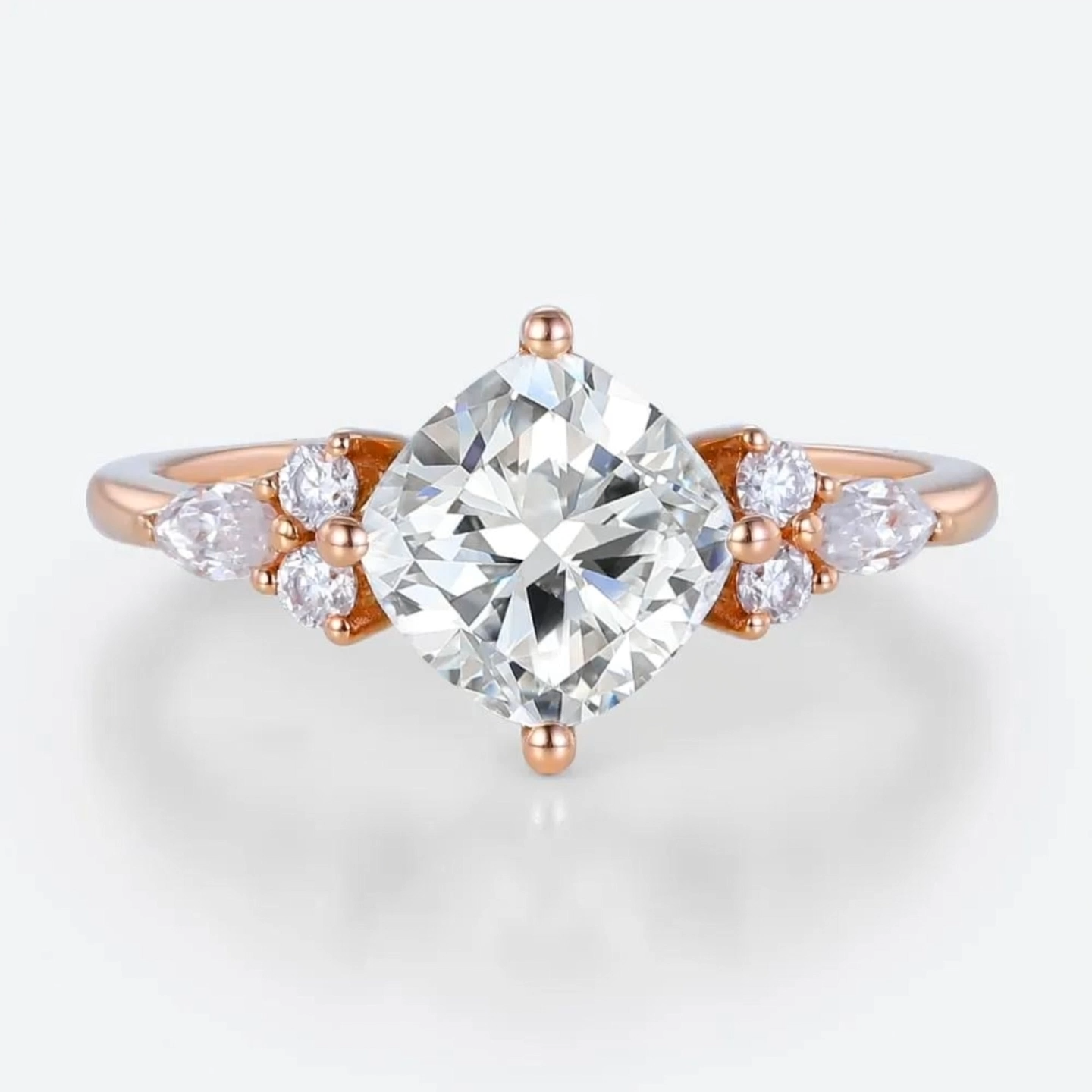 2ct Cushion Cut Lab Grown Diamond Marquise Fan Cluster Engagement Ring in Rose Gold