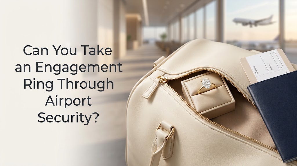 An engagement ring packed securely inside a carry-on bag before airport security.