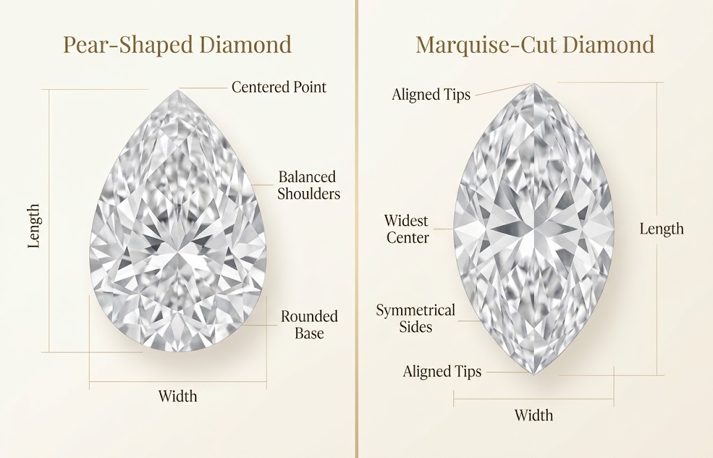 Anatomy comparison of pear-shaped and marquise-cut diamonds showing their outlines and symmetry