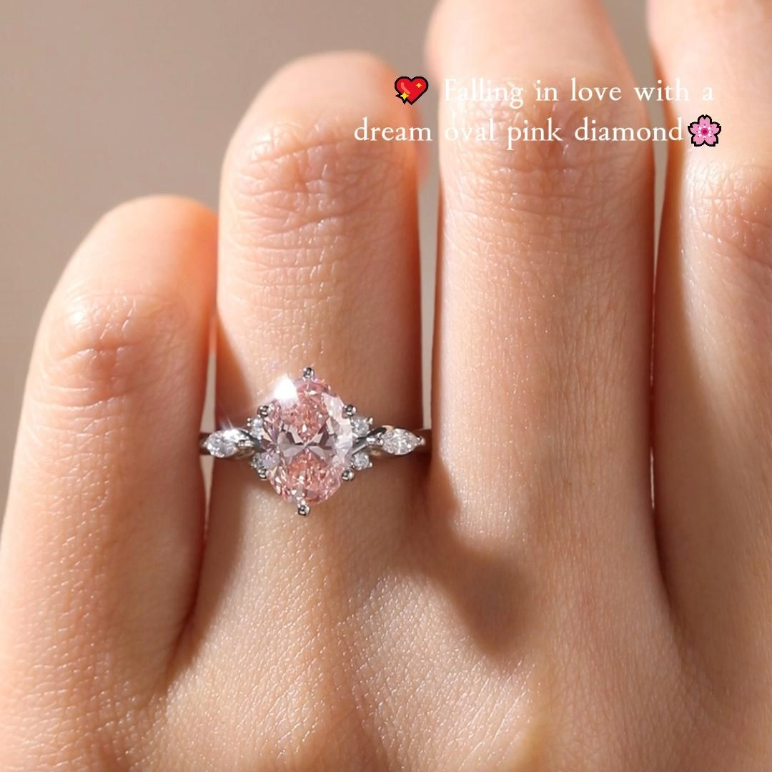 1ct Oval Cut Lab Grown Pink Diamond Winged Marquise Cluster Engagement Ring in White Gold