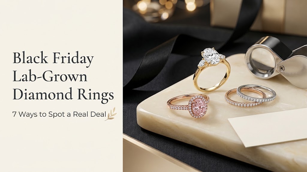 Black Friday lab-grown diamond rings with colorless and pink diamond designs beside a jeweler’s loupe.