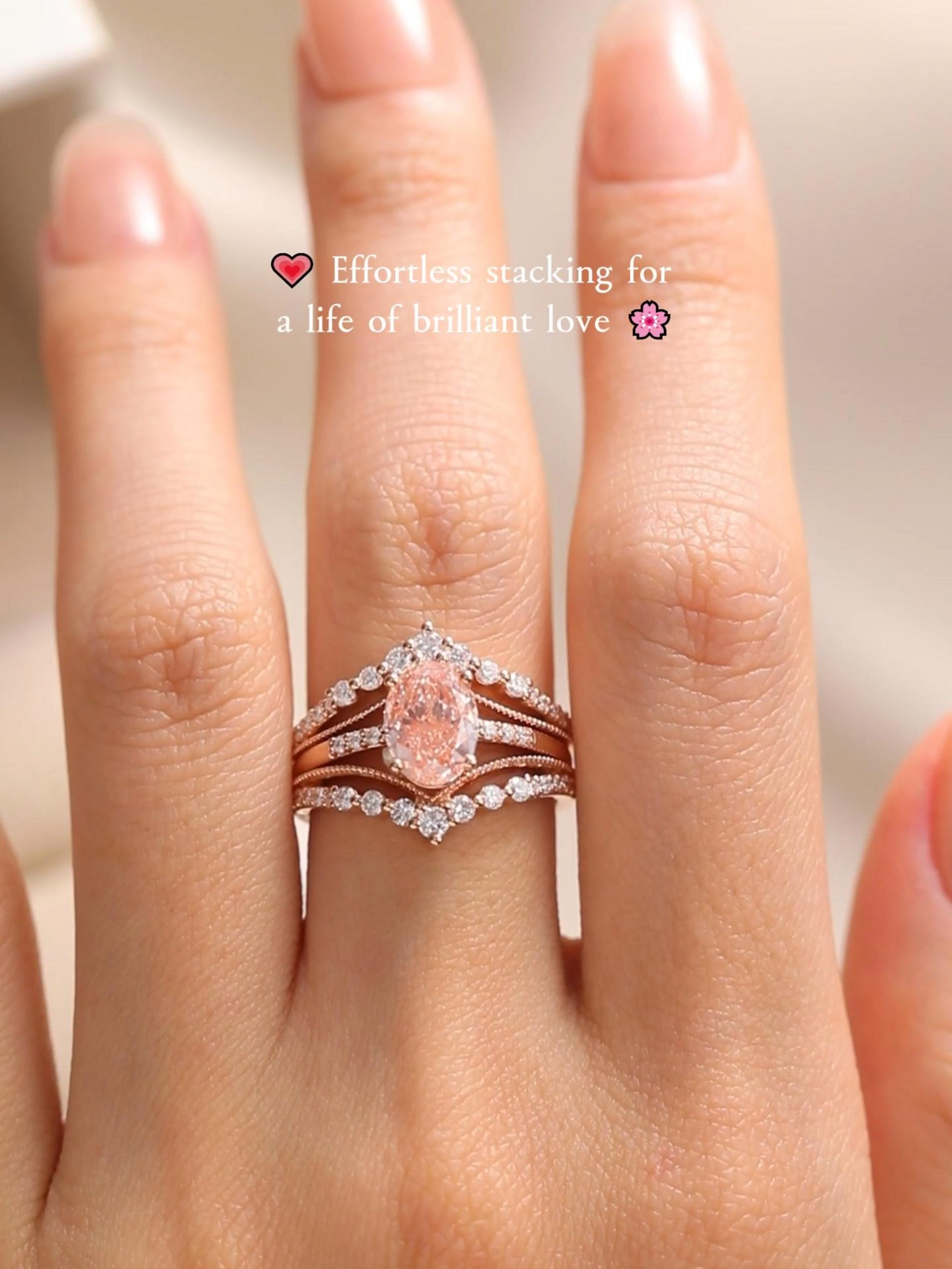 1.5ct Oval Cut Lab Grown Pink Diamond Pavé Bridal Ring Set with Milgrain Double-Band Enhancer in Rose Gold