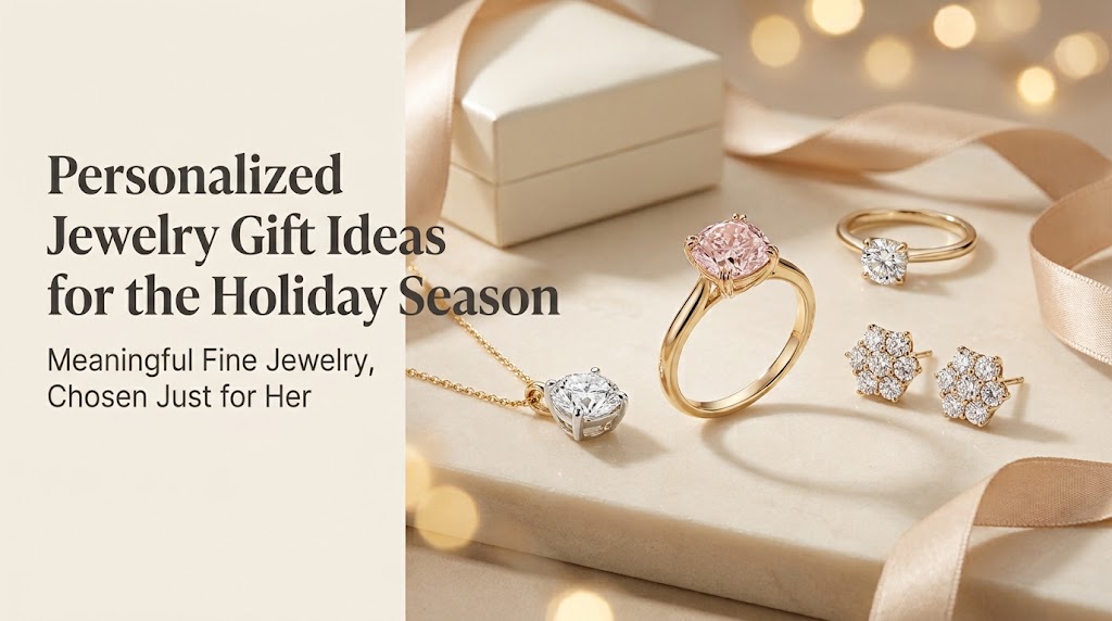 Personalized holiday jewelry featuring a colored lab-grown diamond ring, diamond pendant, earrings, and a K-gold moissanite ring.