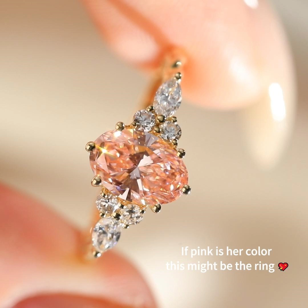 1.5ct Oval Cut Lab Grown Pink Diamond Twisted Marquise Accent Engagement Ring in Yellow Gold