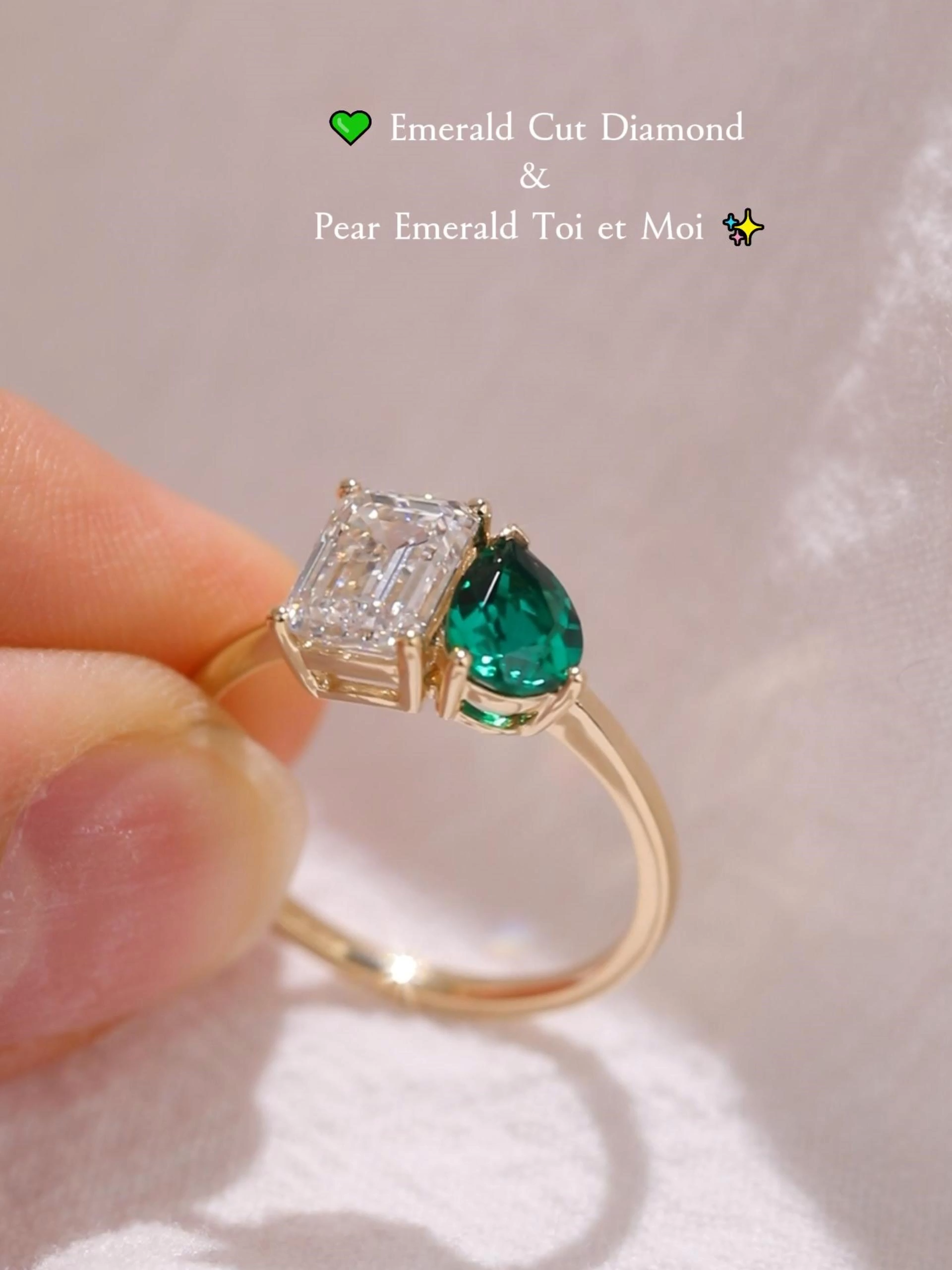 Emerald Cut Lab Grown Diamond and Pear Cut Lab Emerald Toi et Moi Engagement Ring in Yellow Gold