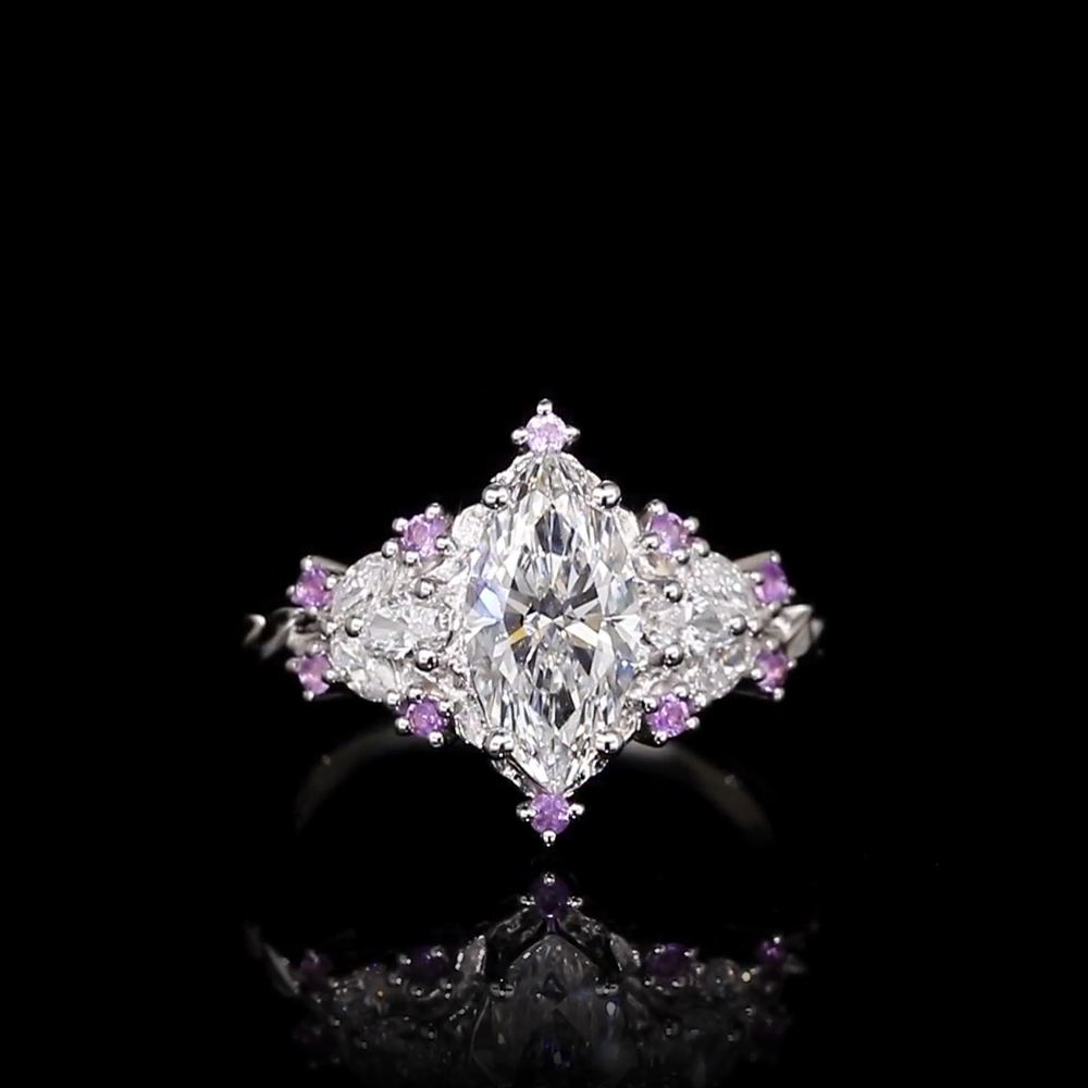 2ct Marquise Cut Lab Grown Diamond Engagement Ring with Fantasy Sapphire Accents in Yellow Gold