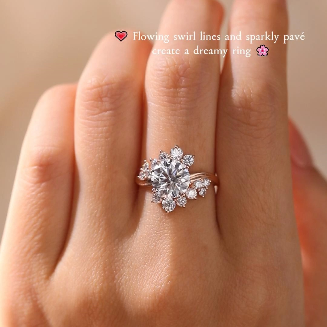 3ct Round Cut Lab Grown Diamond Swirl Pavé Engagement Ring in Rose Gold