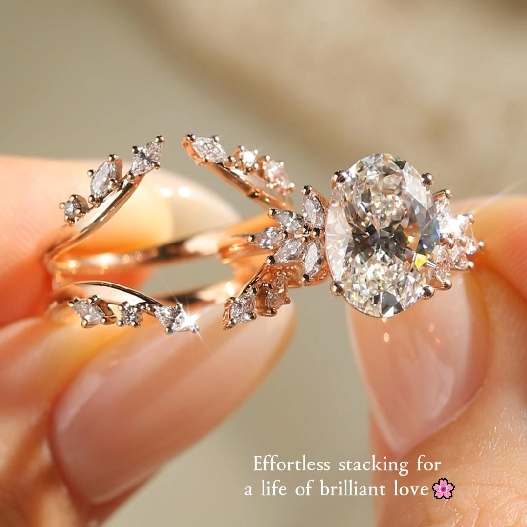 2ct Oval Cut Lab Grown Diamond Marquise Floral Cluster Bridal Ring Set with Mixed-Cut Pavé Band in Rose Gold