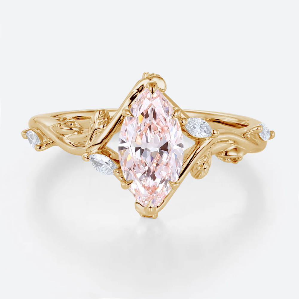 1ct Marquise Cut Lab Pink Diamond Ring Nature-Inspired 6 Claw Engagement Ring in Yellow Gold