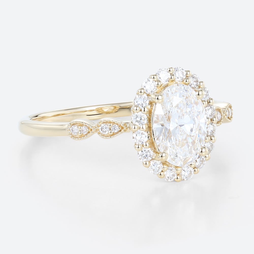 1ct Oval Cut Lab Grown Diamond Milgrain Halo Engagement Ring in Yellow Gold