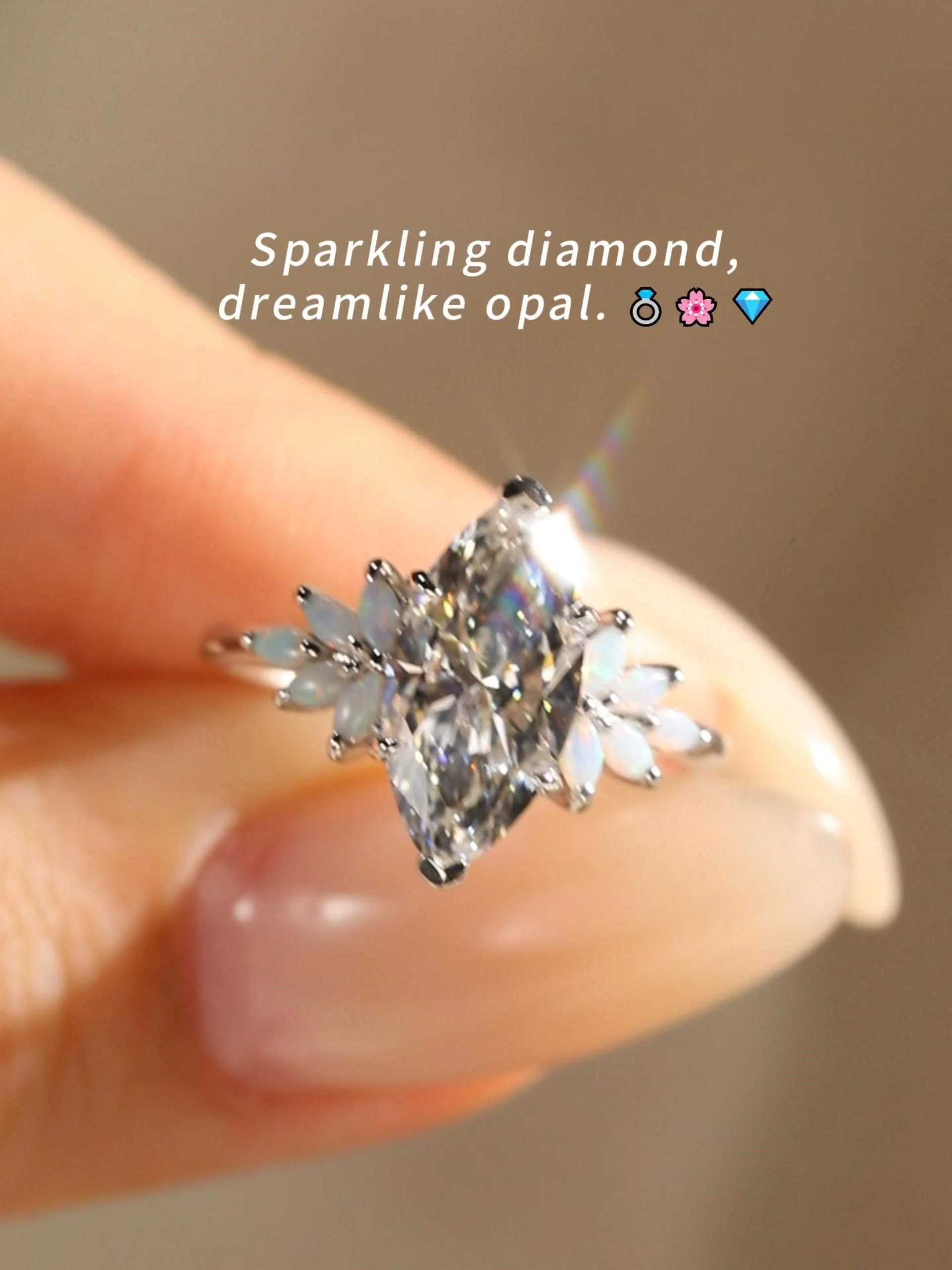1ct Marquise Cut Lab Grown Diamond Opal Floral Accent Engagement Ring in White Gold