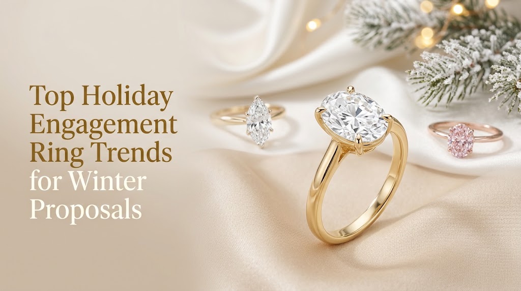 Oval lab-grown diamond engagement ring in yellow gold styled for a romantic winter holiday proposal