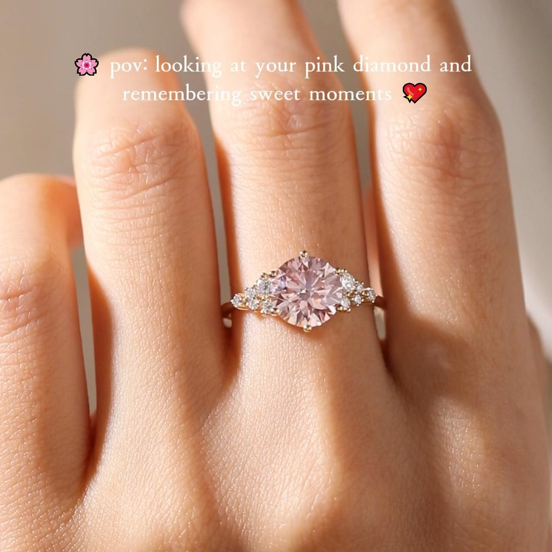 1ct Round Cut Lab Grown Pink Diamond Scattered Cluster Engagement Ring in Yellow Gold