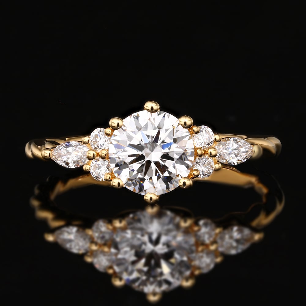 1ct Round Cut Lab Grown Diamond Twisted Marquise Accent Engagement Ring in Yellow Gold