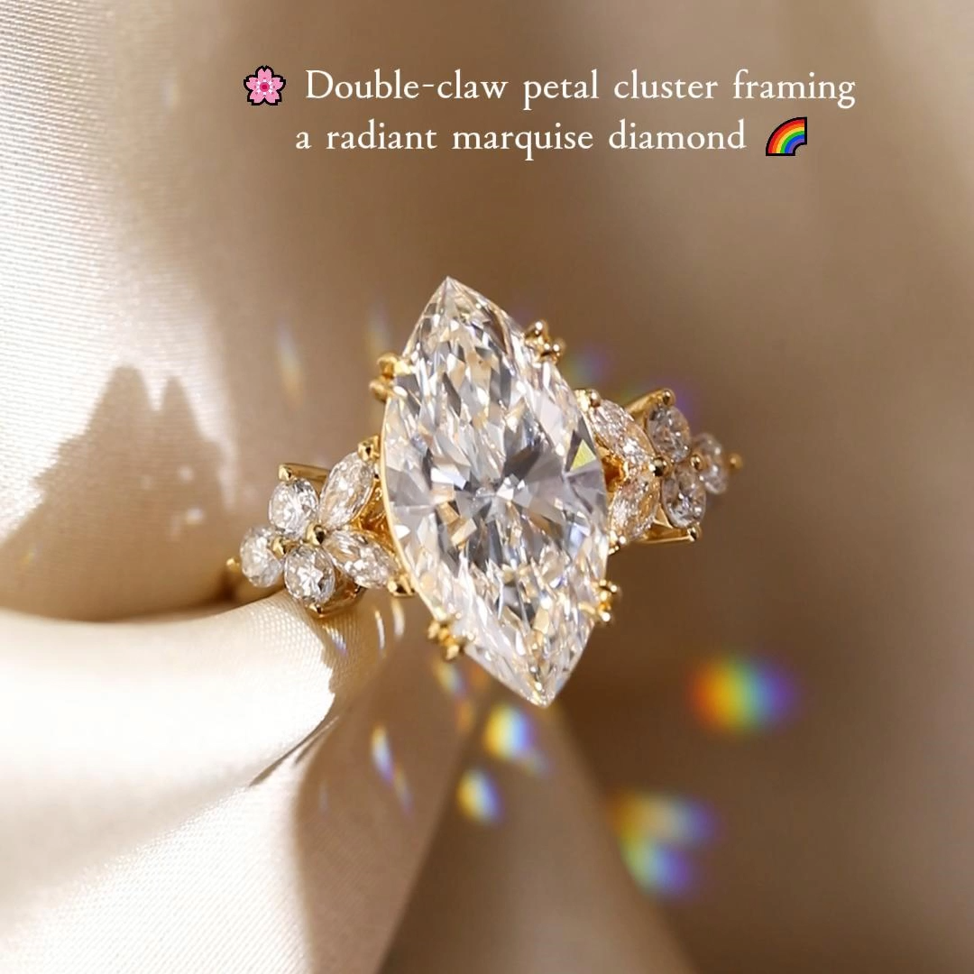 1ct Marquise Cut Lab Grown Diamond Double-Claw Petal Cluster Engagement Ring in Yellow Gold