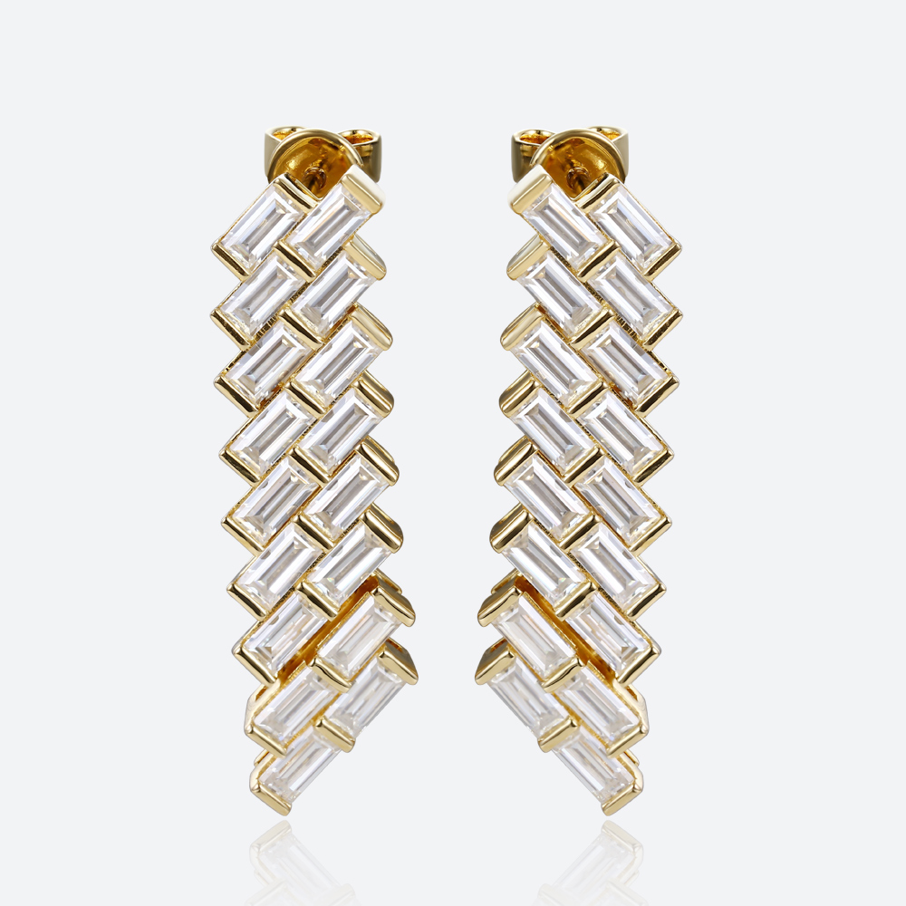 Yellow Gold Stud Earrings Baguette Cut Lab Diamond Modern Geometric Stud Drop Earrings
