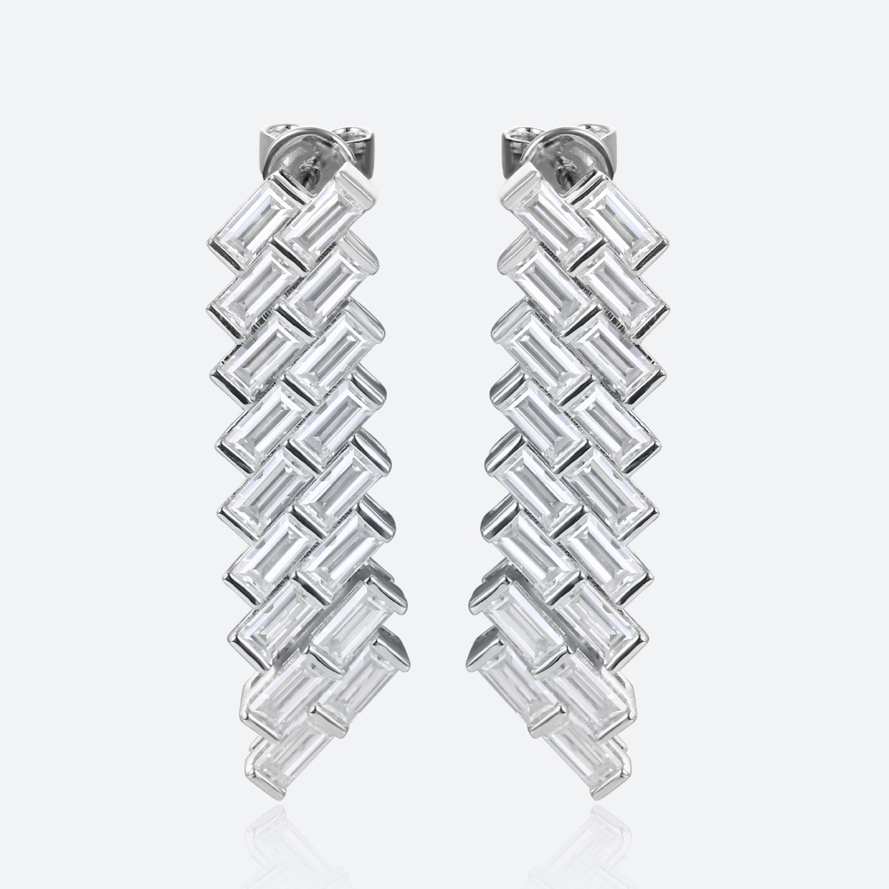 White/Yellow Gold Stud Earrings Baguette Cut Lab Diamond Modern Geometric Stud Drop Earrings