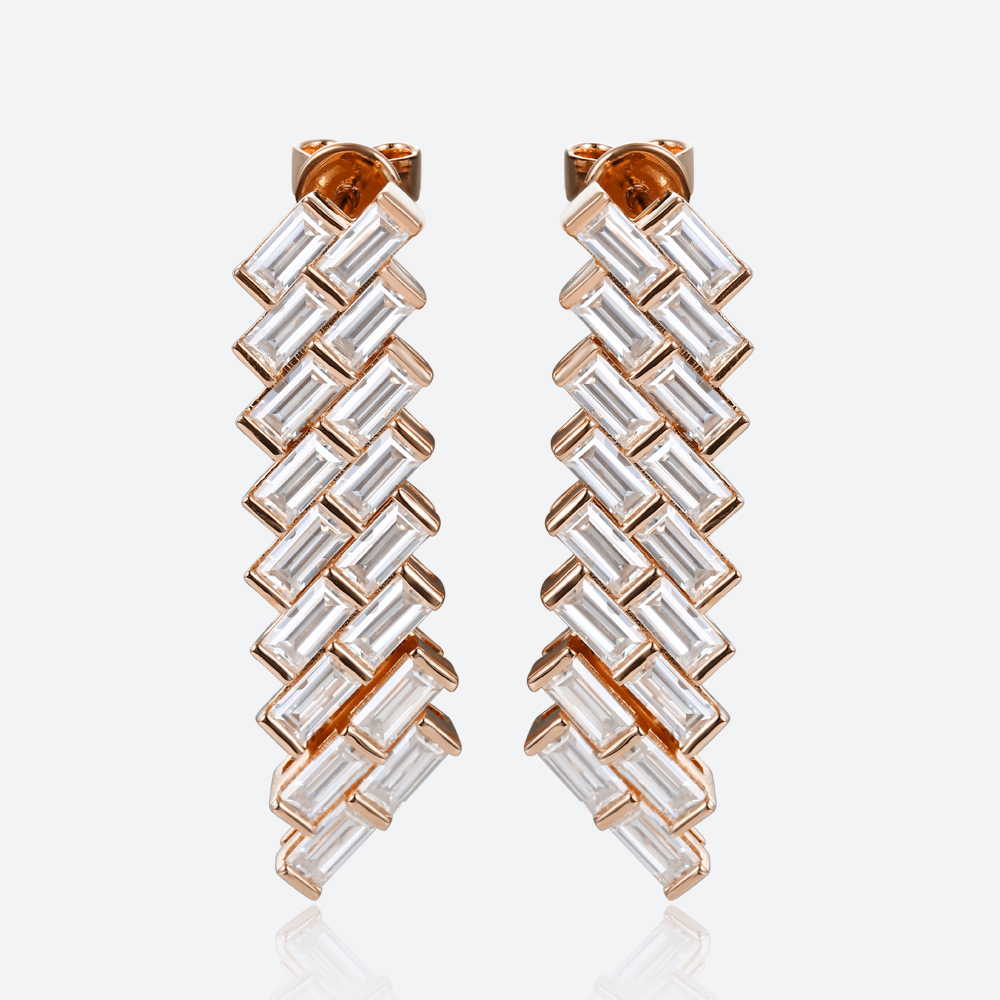 Rose/Yellow Gold Stud Earrings Baguette Cut Lab Diamond Modern Geometric Stud Drop Earrings