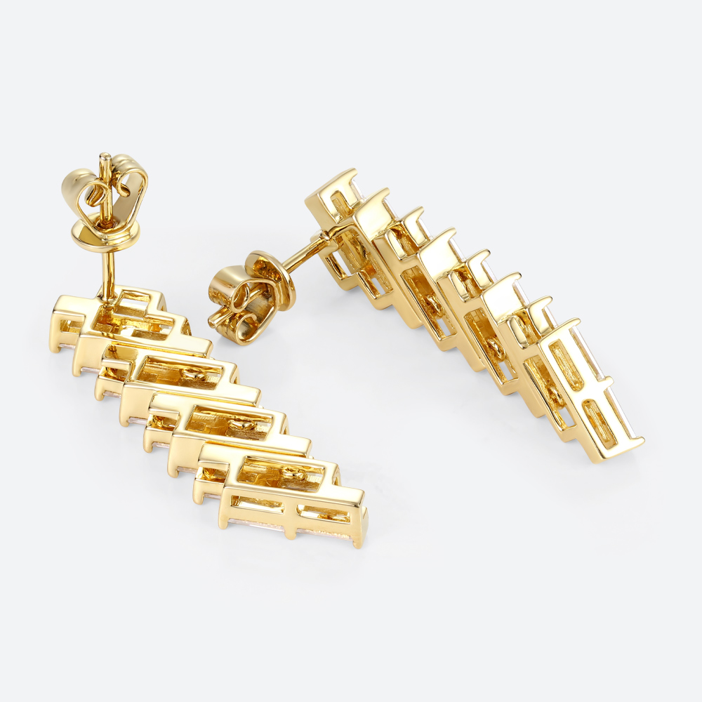 Yellow Gold Stud Earrings Baguette Cut Lab Diamond Modern Geometric Stud Drop Earrings