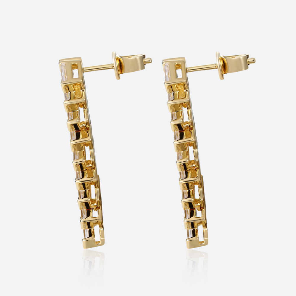 Yellow Gold Stud Earrings Baguette Cut Lab Diamond Modern Geometric Stud Drop Earrings