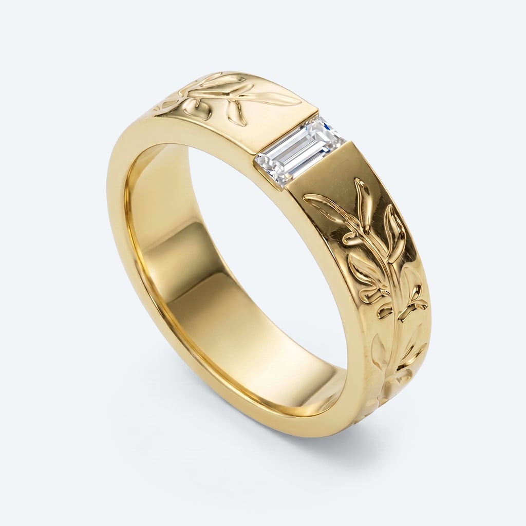 Baguette Cut Lab Diamond Rings Recessed Engraved Wide Bands