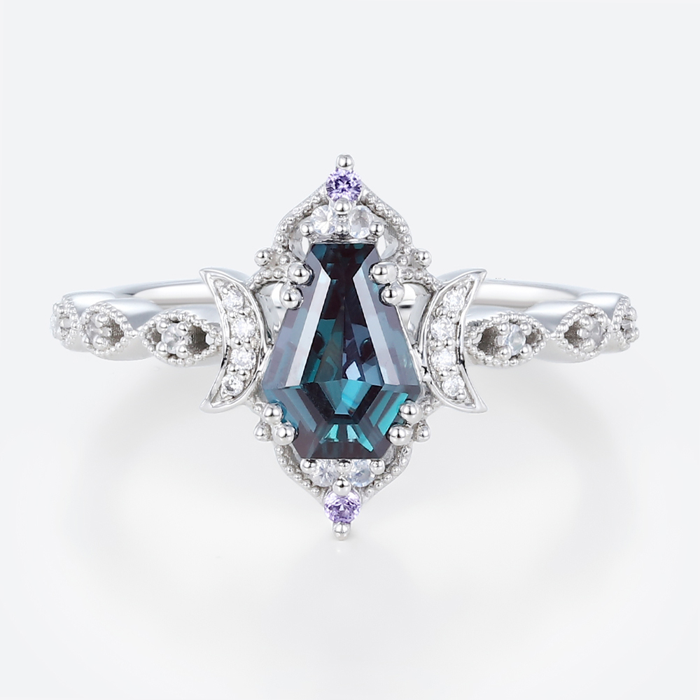 Lab Alexandrite Ring Coffin Shaped Crescent Moon Gothic Engagement Ring in White Gold