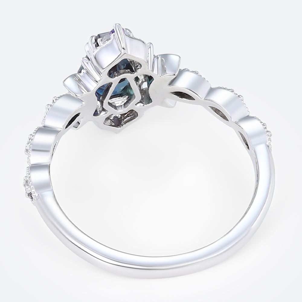 Lab Alexandrite Ring​ Coffin Shaped Crescent Moon Gothic Engagement Ring in White Gold
