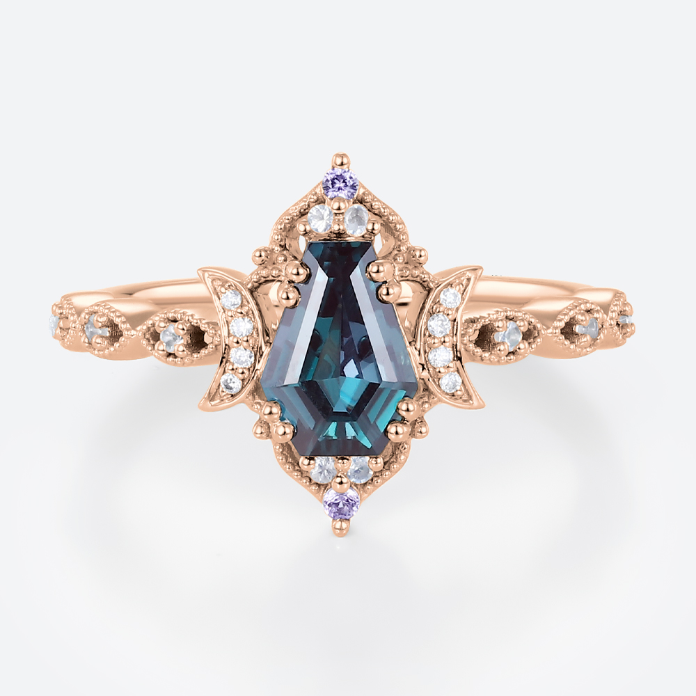 Lab Alexandrite Ring​ Coffin Shaped Crescent Moon Gothic Engagement Ring in Rose Gold