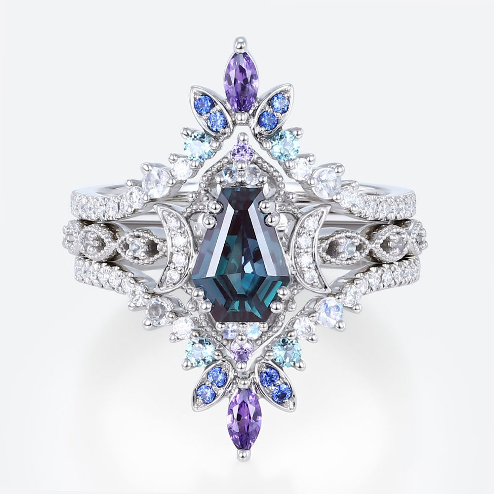 Lab Alexandrite Ring Set with Crescent Moons and Multicolor Accents in White Gold