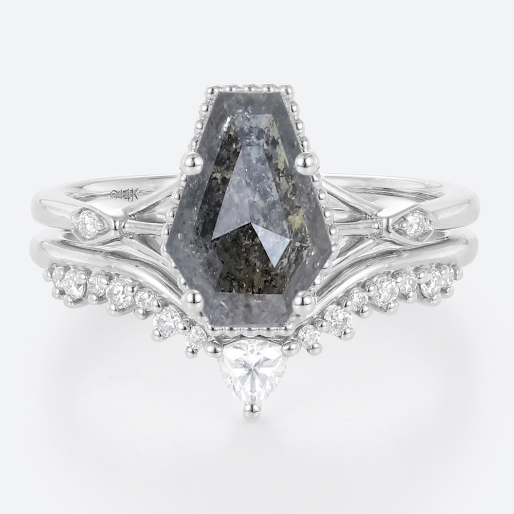 Diamond Curved Wedding Band with Coffin Shaped Salt & Pepper Diamond Ring Set