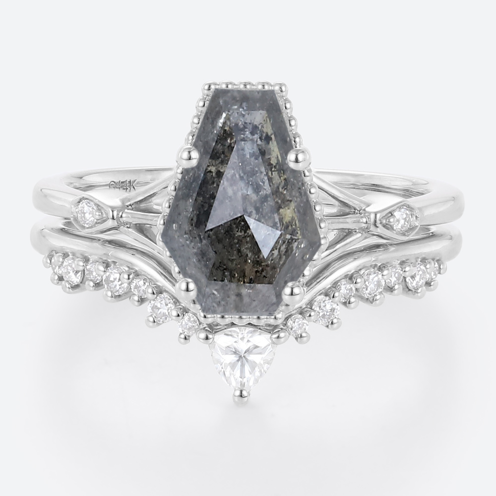 Diamond Curved Wedding Band with Coffin Shaped Salt & Pepper Diamond Ring Set