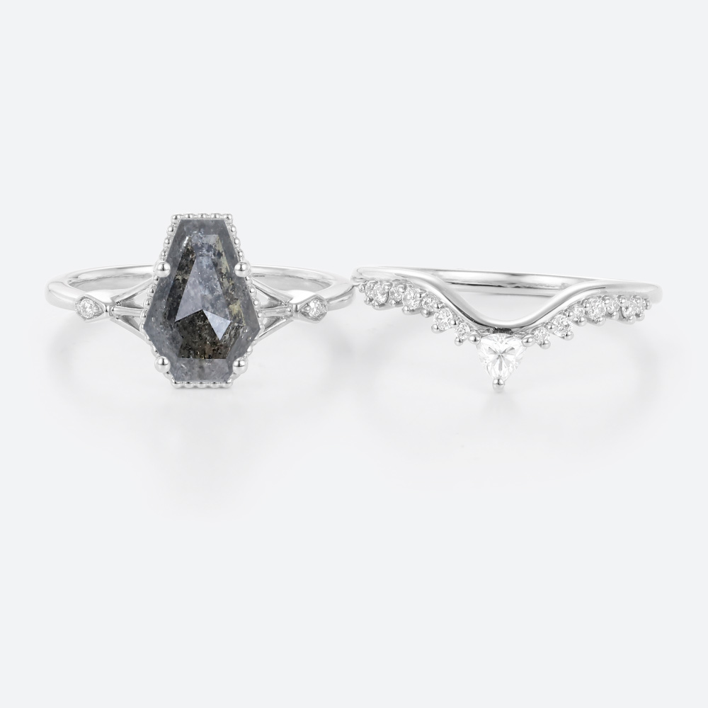 Diamond Curved Wedding Band with Coffin Shaped Salt & Pepper Diamond Ring Set