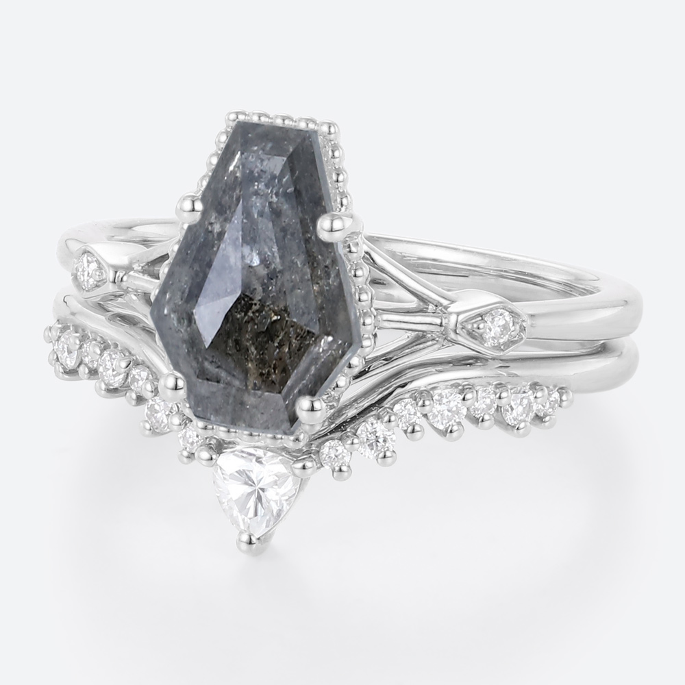 Diamond Curved Wedding Band with Coffin Shaped Salt & Pepper Diamond Ring Set