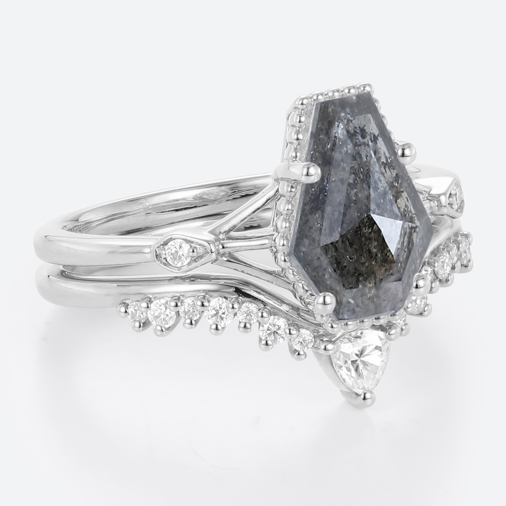 Diamond Curved Wedding Band with Coffin Shaped Salt & Pepper Diamond Ring Set