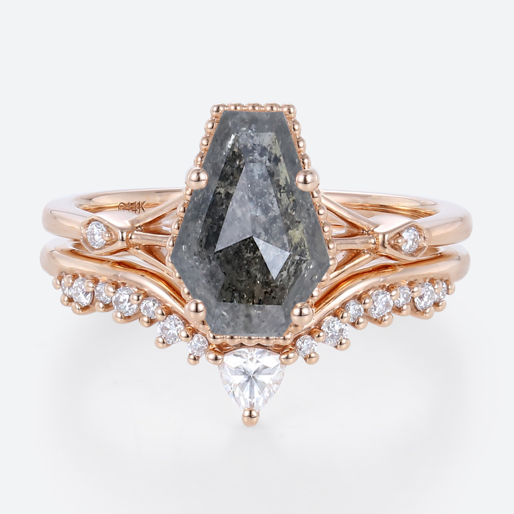 Diamond Curved Wedding Band with Coffin Shaped Salt & Pepper Diamond Ring Set