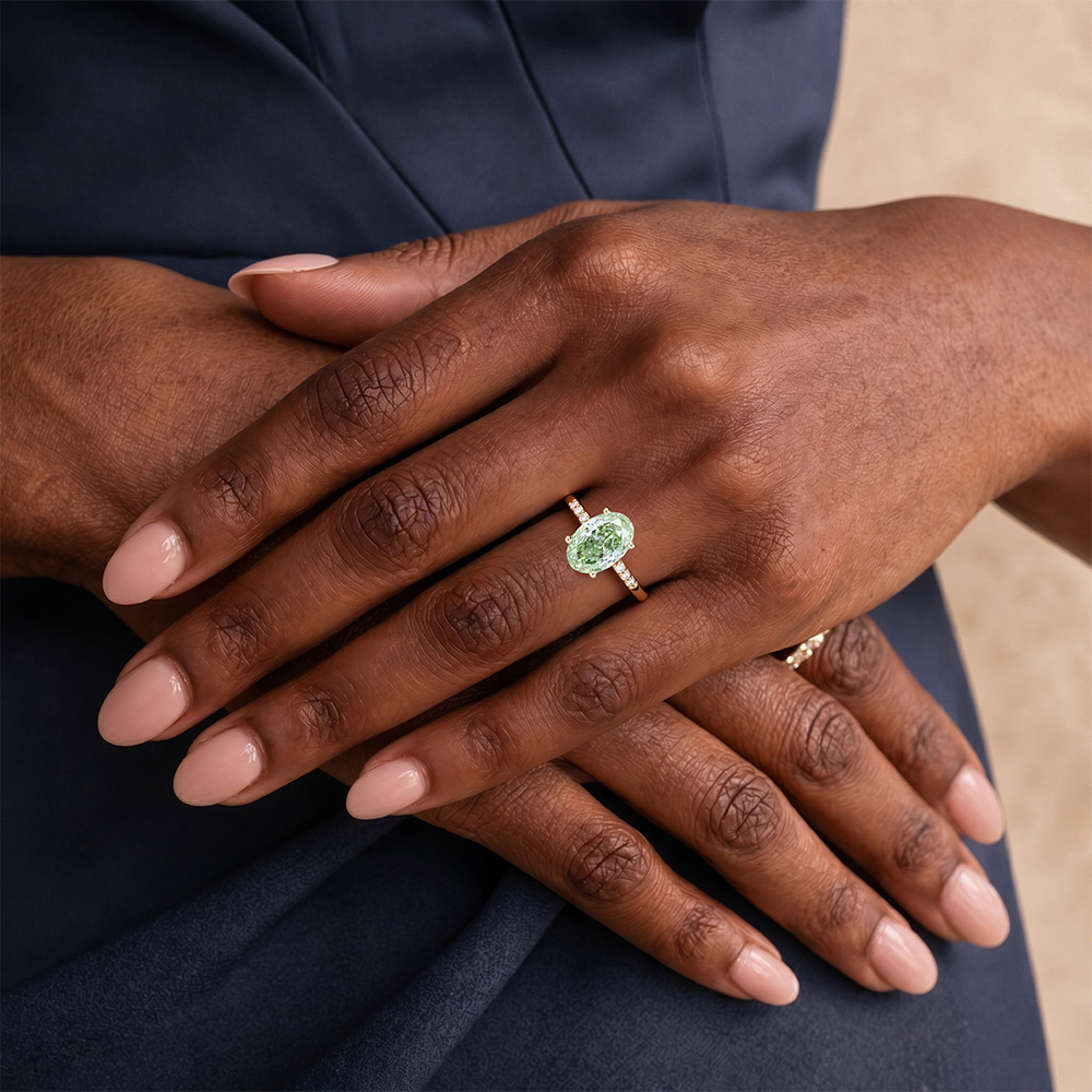 1.5ct Oval Lab Green Diamonds​ Ring Pavé 4-Prong Engagement Ring in Rose Gold
