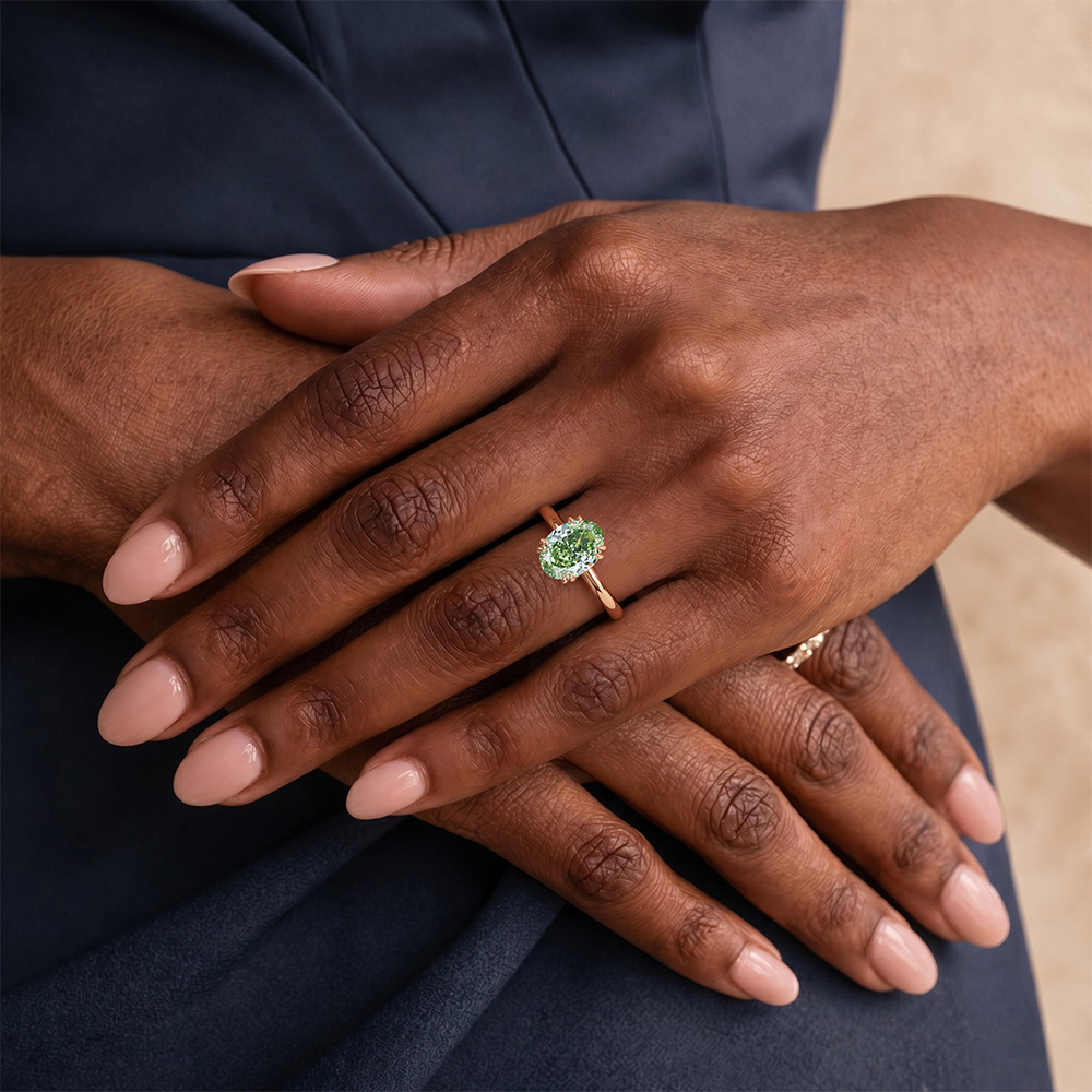 1.5ct Oval Cut Solitaire Lab Green Diamond Ring 4 Double Claw Prong Engagement Ring in Yellow Gold