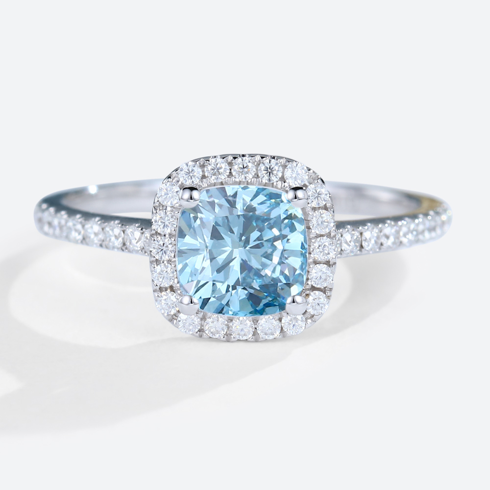 Lab Blue Diamond Engagement Rings​ 1ct Cushion Cut Halo Pave Ring in White Gold