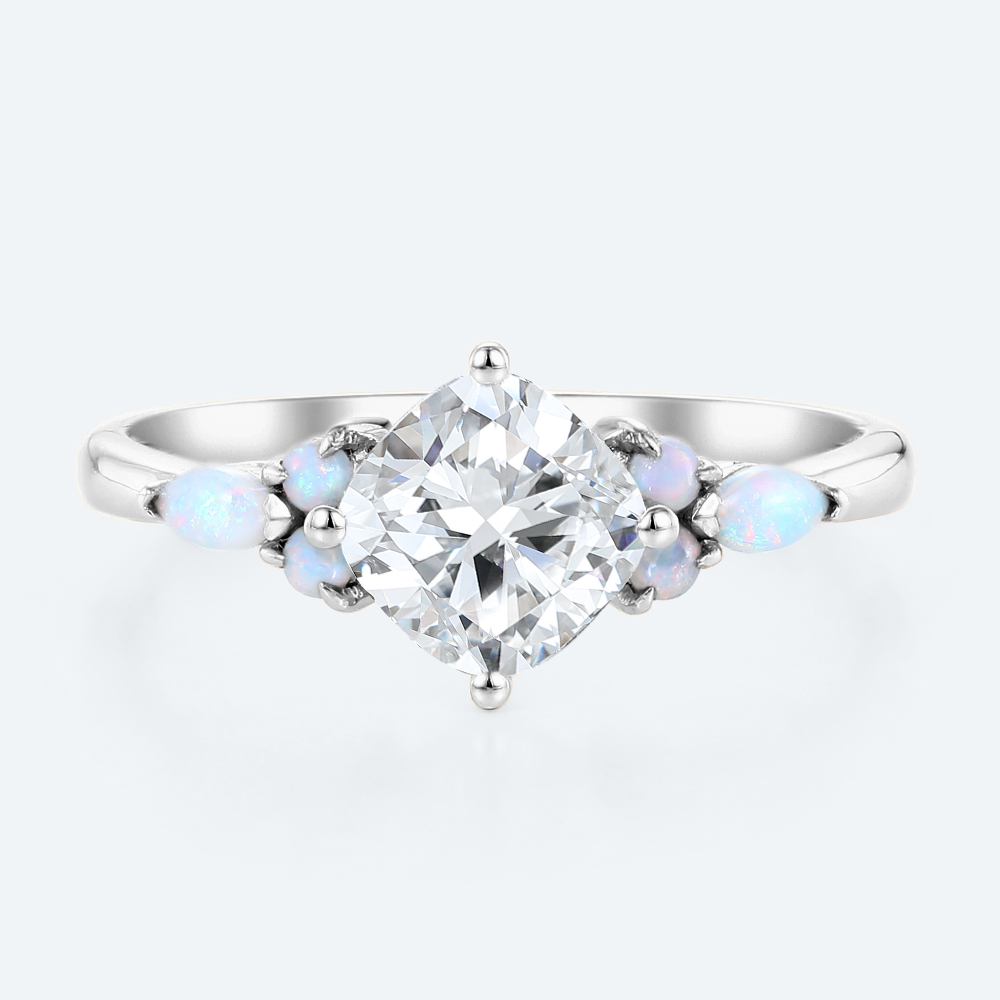 Cushion Cut Diamond Engagement Rings White Gold Opal Jewelry
