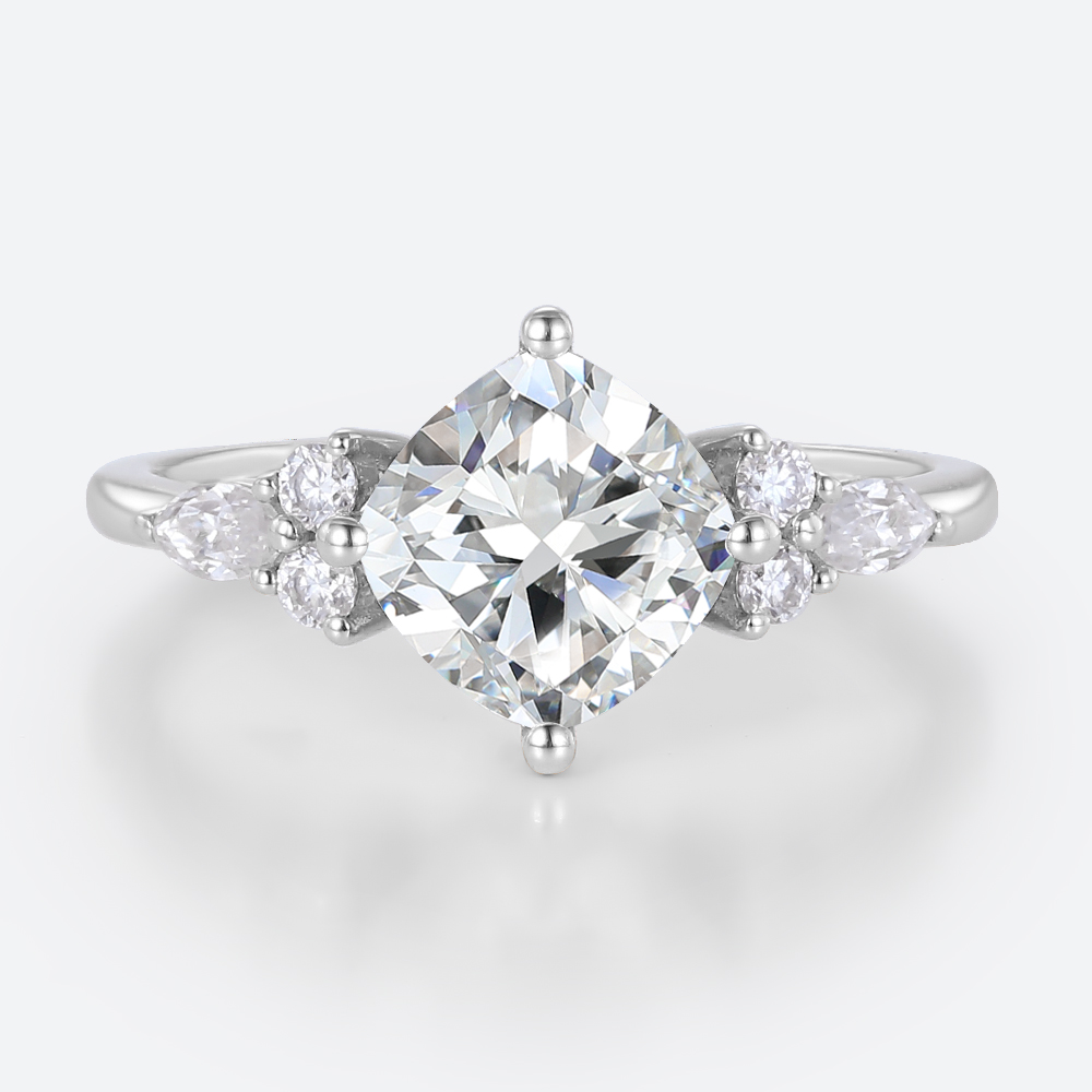 Cushion Cut Lab Diamond Engagement Ring 1.5ct Cluster 4-Prong Ring in White Gold