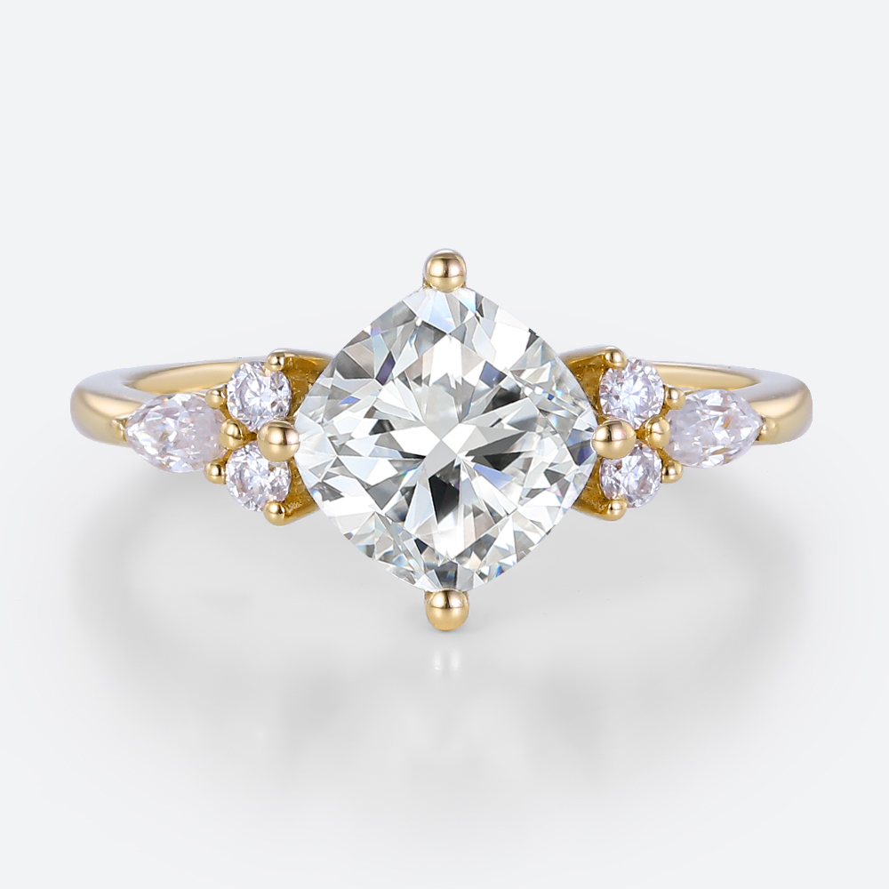 Cushion Cut Lab Diamond Engagement Ring 1.5ct Cluster 4-Prong Ring in Yellow Gold