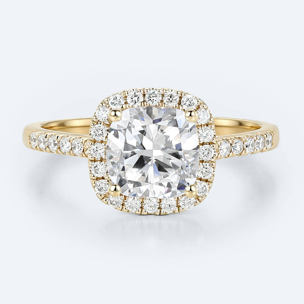 Yellow Gold Cushion Cut Lab Grown Diamond Halo Engagement Ring