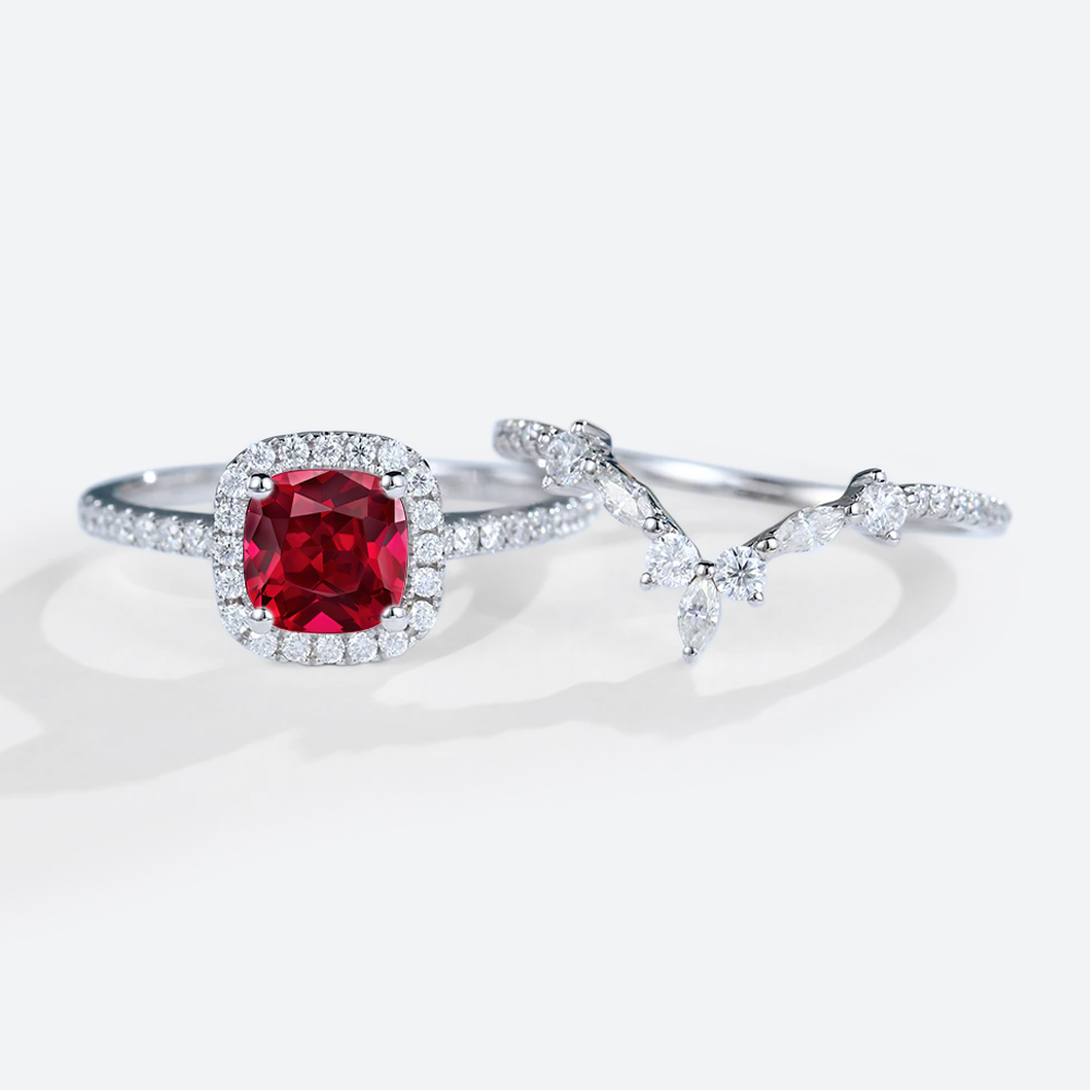 1ct Cushion Cut Halo Lab Ruby Ring Set with Curved Matching Band in White Gold