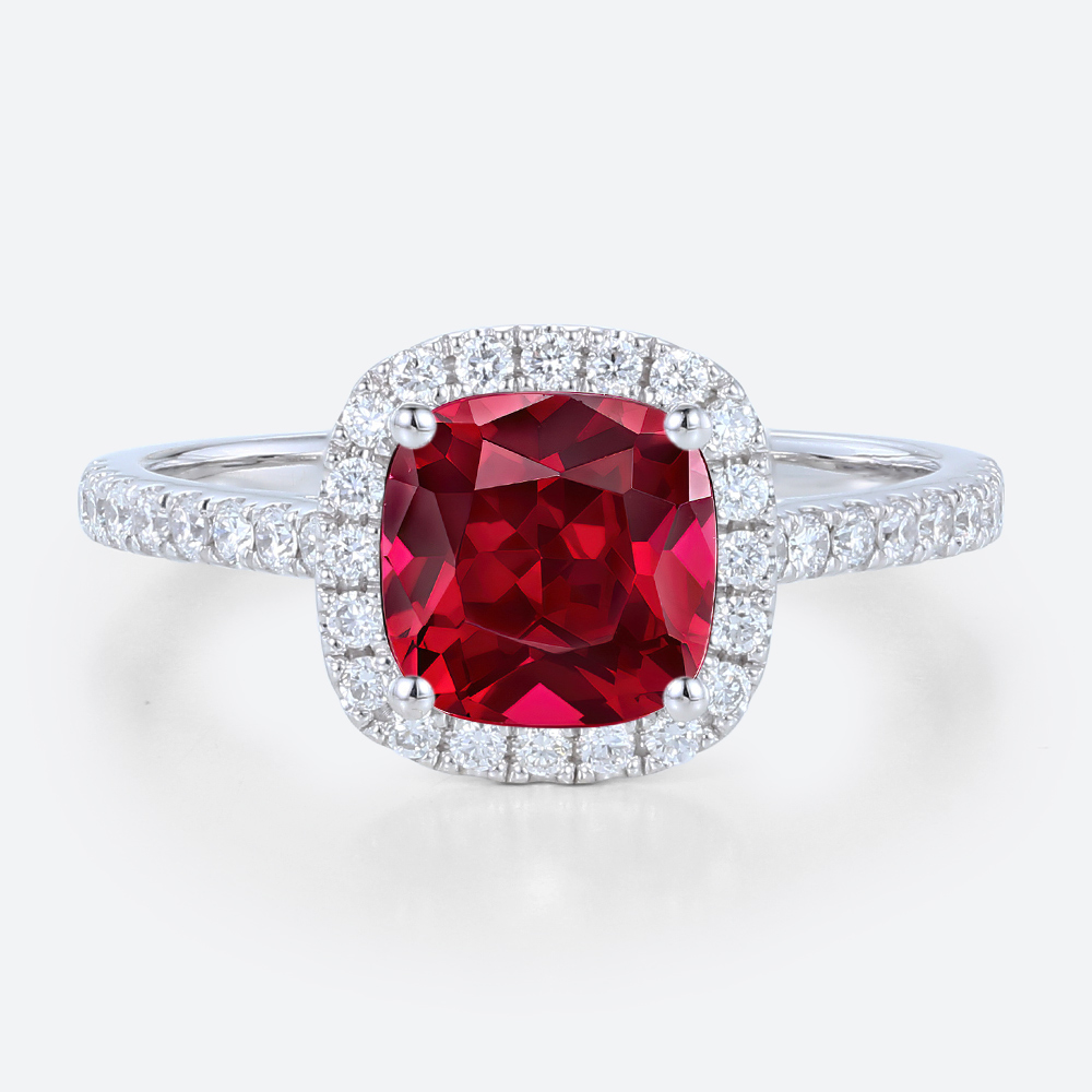 White Gold Cushion Cut Lab Grown Ruby​ Ring 1ct Classic Halo Bridal Ring